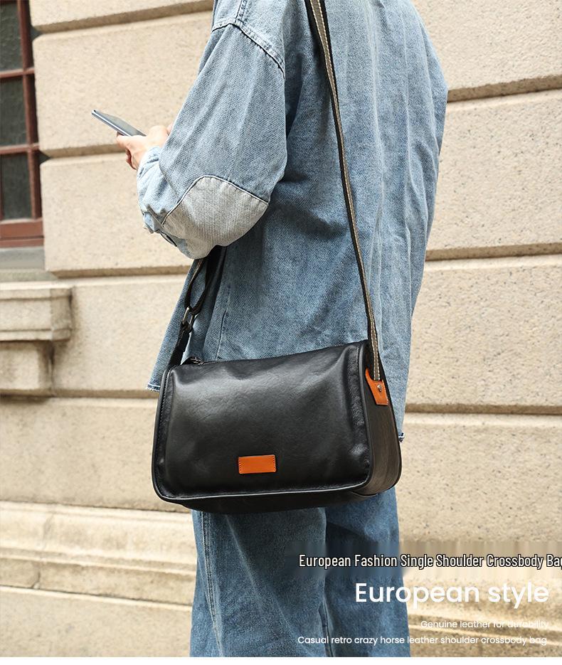 Bolsa Transversal Mensageiro Masculina de Couro Genuíno Crazy Horse