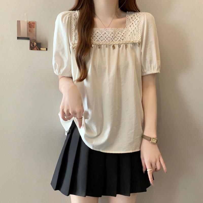 Square Neck Women's Short Sleeved Tees Chic Collar Design Versatile T-shirts Korean Sweet Style Ladies Clothing