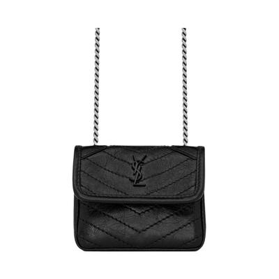 Saint Laurent YSL Niki Serie Black Label Logo Kette Gefaltetes Leder Schulter Crossbody Kopfhörer Tasche Damen Taschen 710844-0EN04-1000