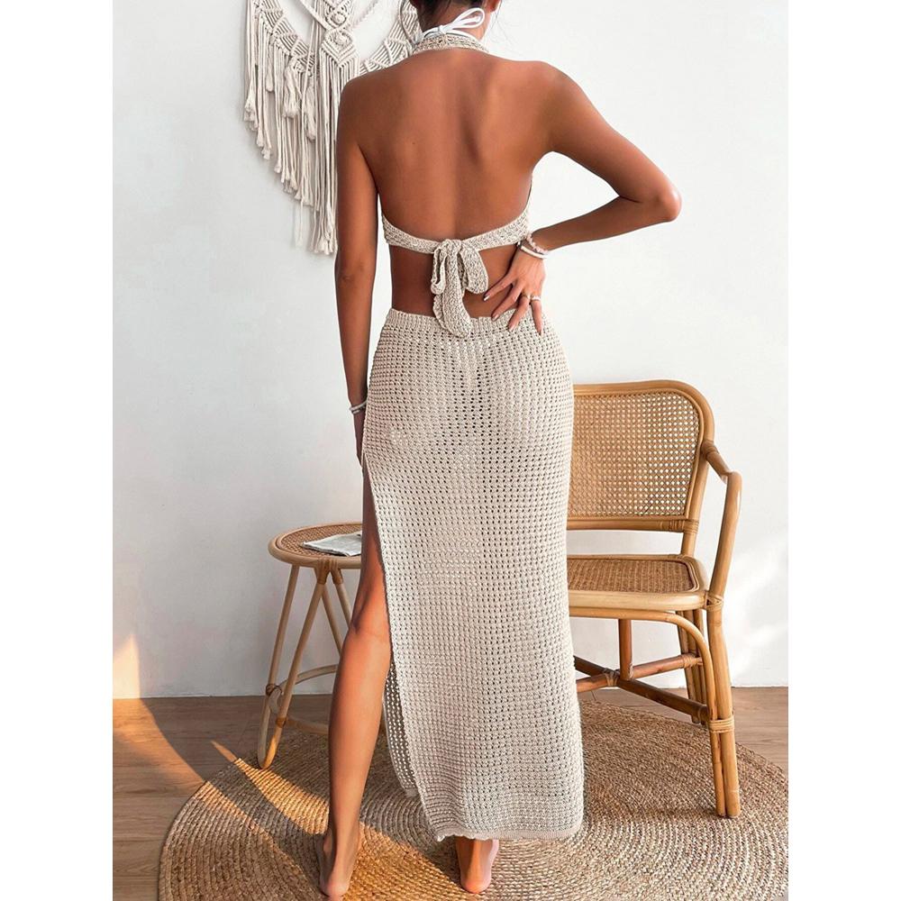 Spring Summer Elegant Long Skirt Beach Dress Women's Bikini Blocked Solid Round Neck Hollow Skirt