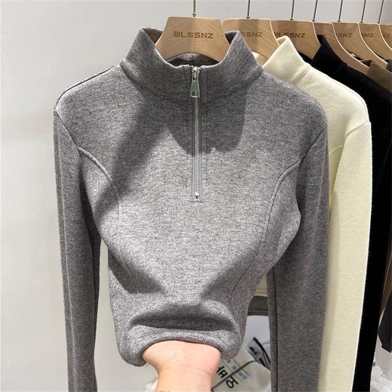 Semi-turtleneck zipper long-sleeved T-shirt women's autumn and winter velvet German velvet bottoming shirt with slim-fitting fake two-piece top
