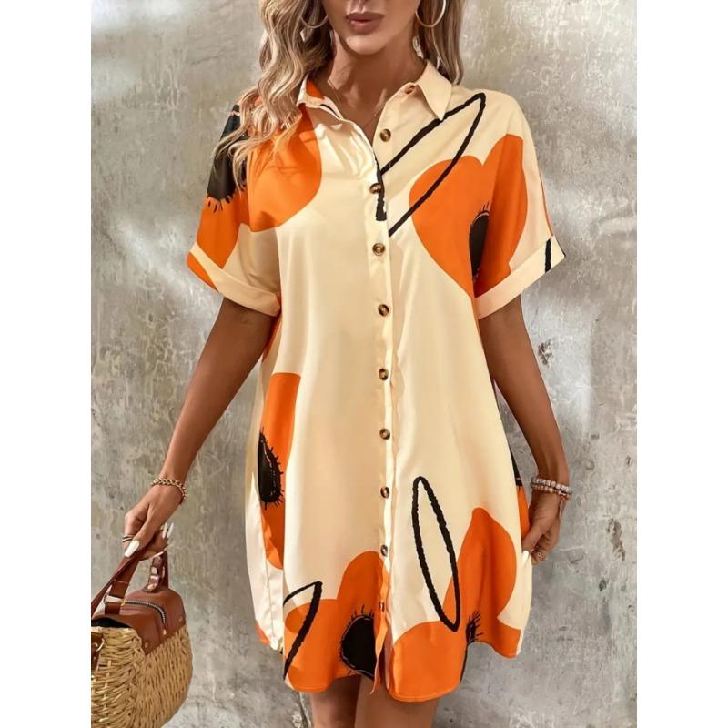 

JKASHDK Женская мода лето весна цветочный узор принт короткий рукав поло воротник свободная талия повседневные платья XL оранжевый