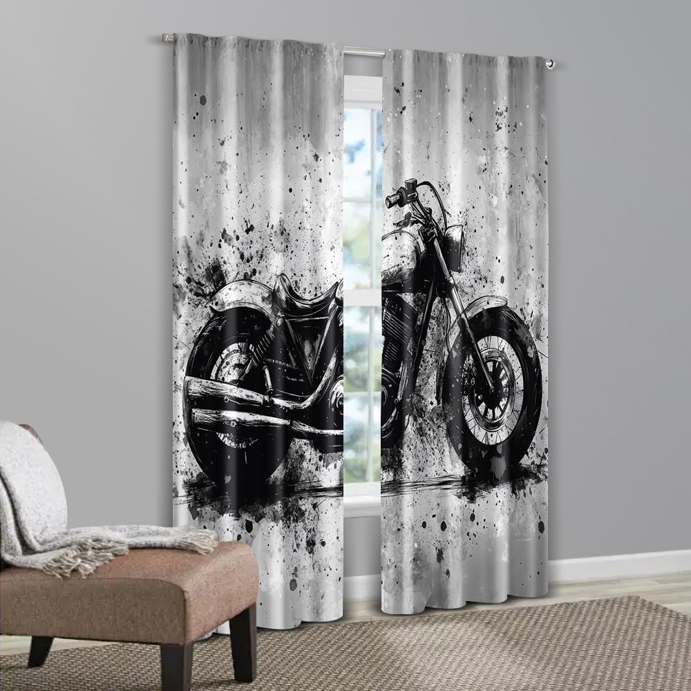 2pcs, Window Curtain 2D Print Modern Painted Black and White Brick Wall Motorcycle Graffiti Polyester Easy Install (without Rod)