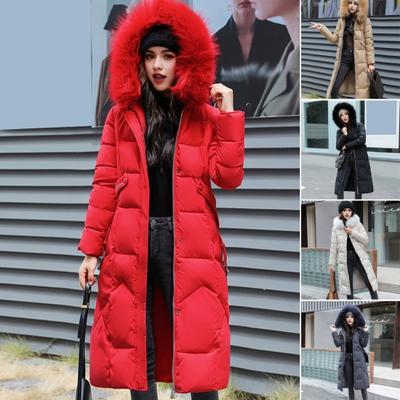 Winter Women Jacket Furry Hood Long Sleeves Pockets Knee Length Zipper And Button Closure Slim Waist Cotton Coat