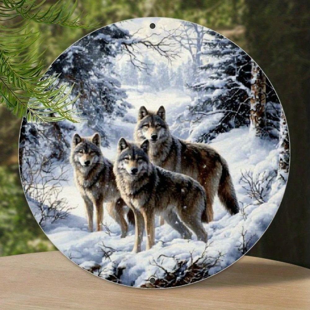 Vintage Wolf Aluminum Sign, Round Metal Wall Art Plaque for Home Bar Cafe Garden Decor