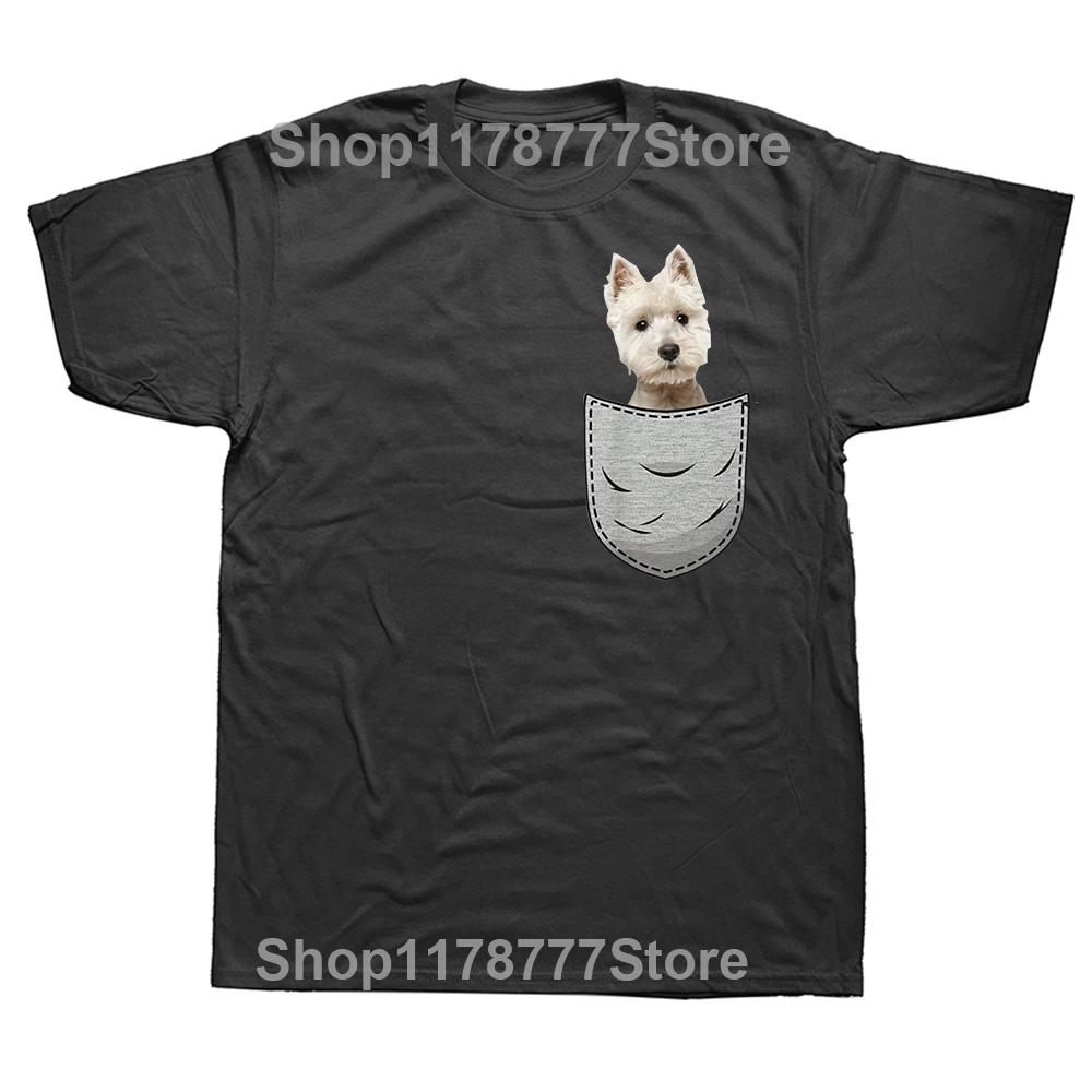 Cute Westie White Highland Terrier Pocket for Dog Owner Tee Tops Round Neck ShortSleeve Fashion Tshirt Clothing Casual Tshirts