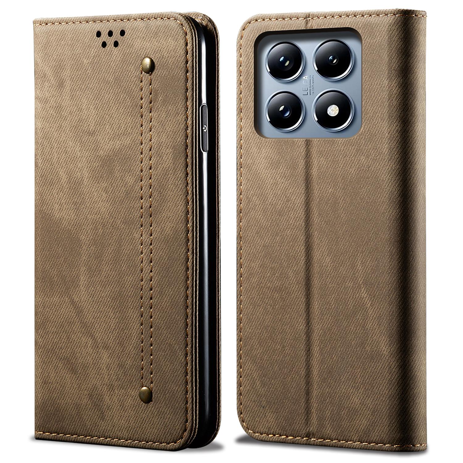 

For Xiaomi 14T Case Jeans Cloth Texture Anti-Scratch Leather Stand Phone Cover Khaki