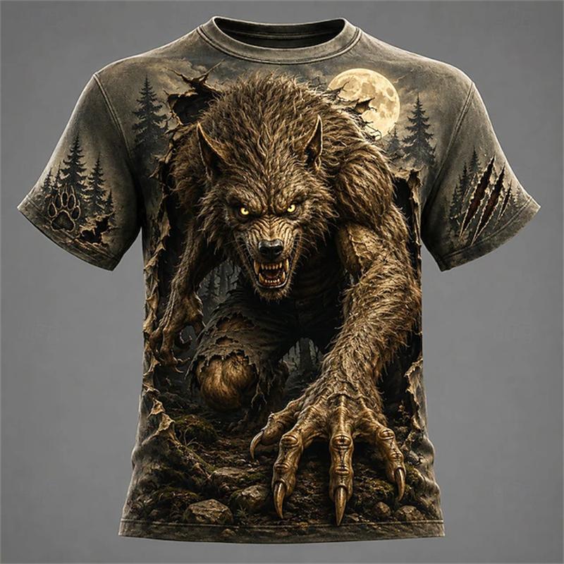 Men's Summer Halloween Cool and Spooky Werewolf Print Short-Sleeve T-Shirt Fashionable Trendy Streetwear Short-Sleeve T-Shirt