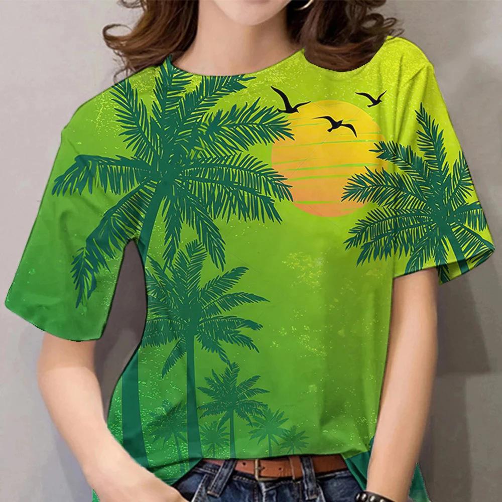 Fashionable Casual Comfortable Coconut Tree Pattern Women's Short Sleeved T-shirt