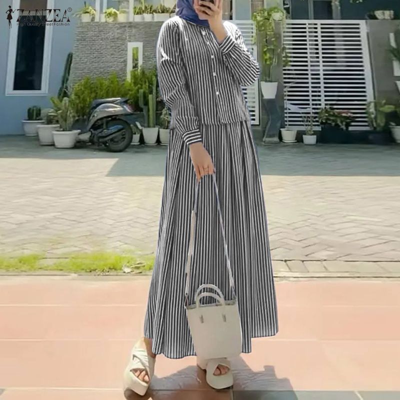 ZANZEA Women Casual Long Sleeve Blouse and Long Skirts Stripe Print Two Piece Suit Sets