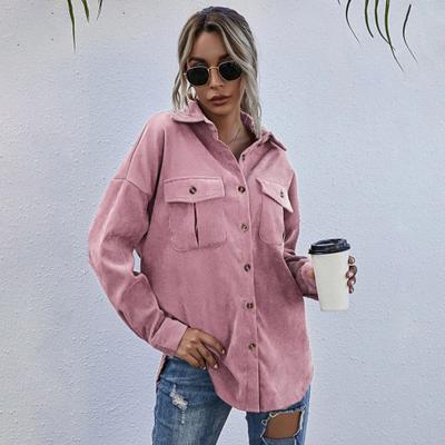 Spring Fall Coat with Chest Pockets Button-down Turn-down Collar Solid Color Corduroy Jacket Loose Casual Outerwear for Travel Work