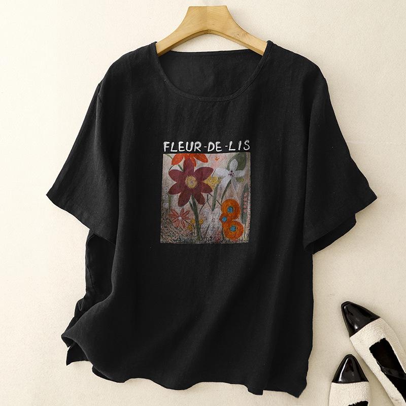 

2025 Women s Summer Korean Style Printed Round Neck Short-Sleeve Loose Plus Size T-Shirt Medium чорний