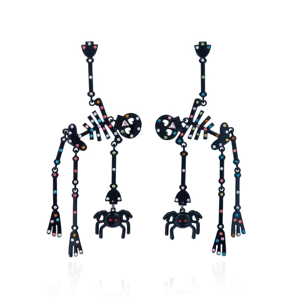 Unique Enamel Skeleton Dangle Earrings for Women Fashion Rhinestone Spider Earrings Halloween Party Jewelry Gift