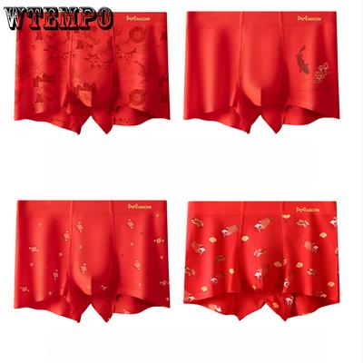 3 Stück Herrenunterwäsche Rot mit nahtloser bedruckter Flachecken-Unterwäsche und Übergröße Unterwäsche Boxershorts