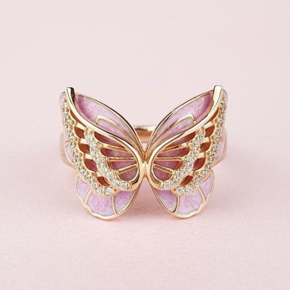18k Gold Plated Pink Butterfly Ring Sparkling Diamond Rhinestone Women Fashion Jewelry