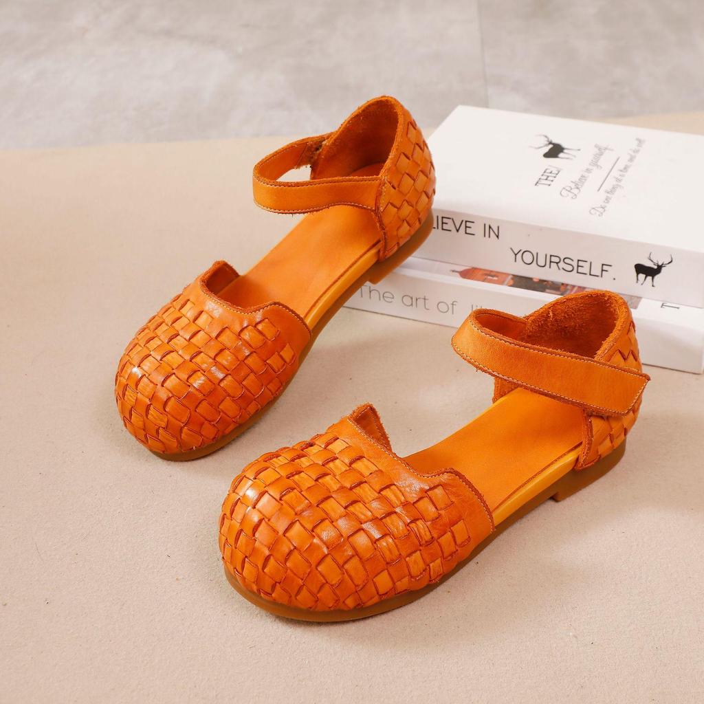 Johnature Women's Sandals Retro Versatile Round Toe Genuine Leather Woven Comfortable Flat Shoes