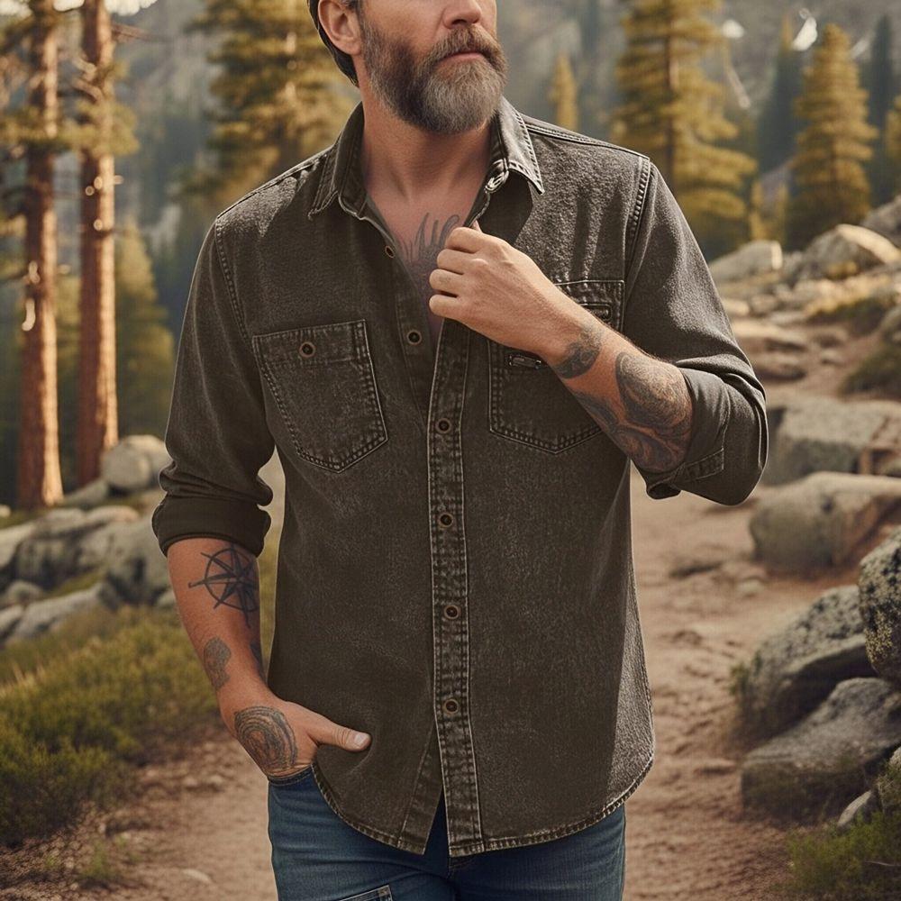 Men's Casual Workwear Denim Shirt Solid Color Washed Button Up Long Sleeve Shirt with Dual Chest Pockets