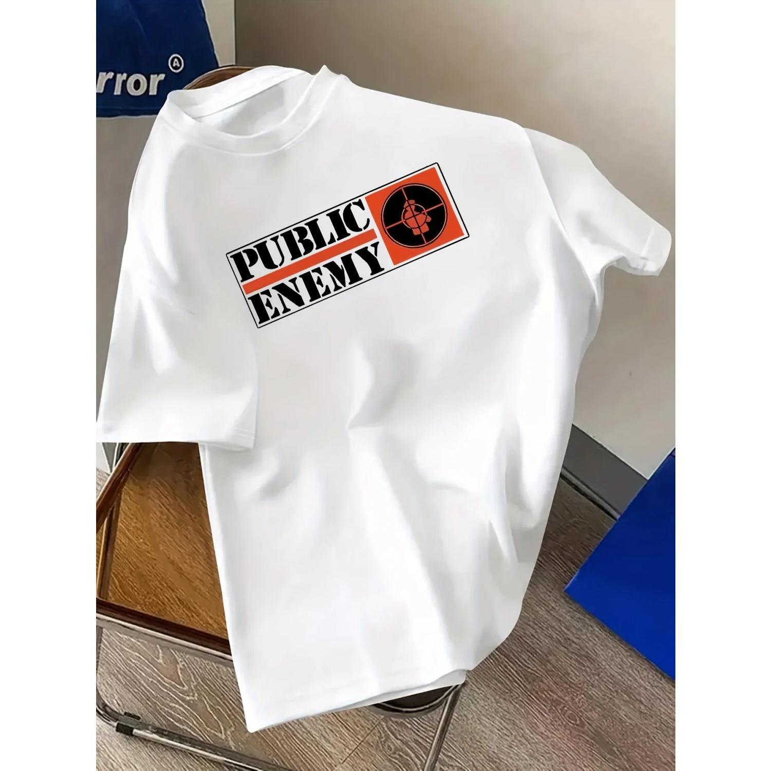 

Public Enemy T-shirt printed cotton casual breathable short sleeves, men s and women s round neck streetwear top S чёрный