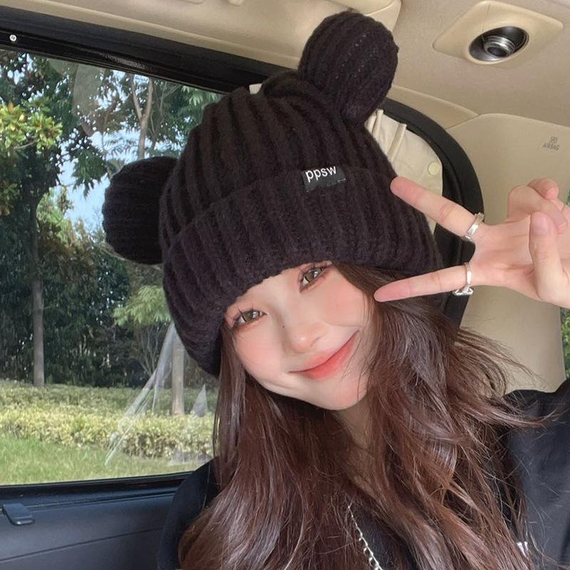 Cat Ear Knitted Hat for Women In Autumn and Winter Warmth and Thick Ear Protection Winter Style Cute Face Showing Small Ins Student Wool Hat