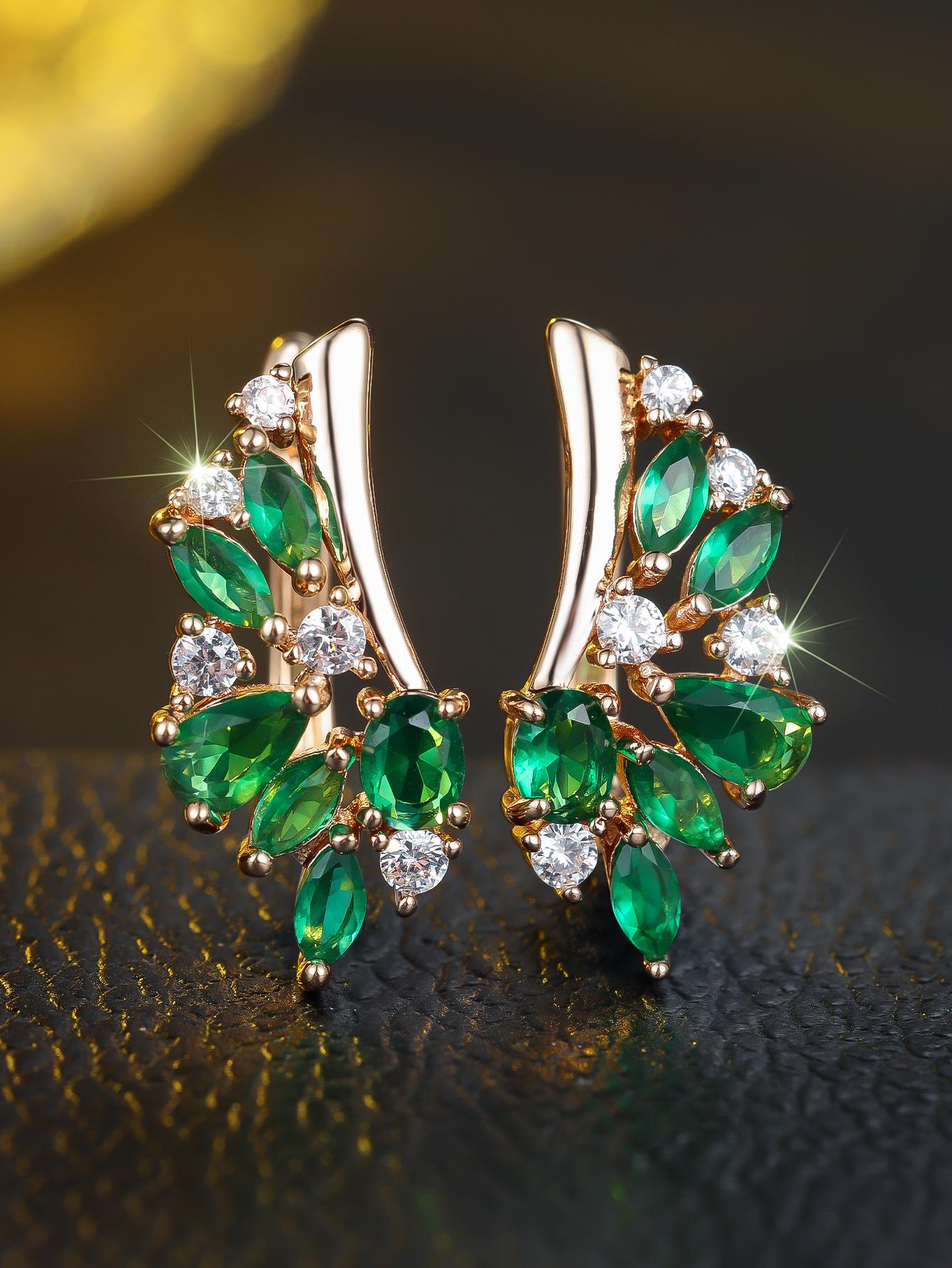 

Mori branches and leaves emerald earrings, rose gold with diamonds temperament white exquisite earrings