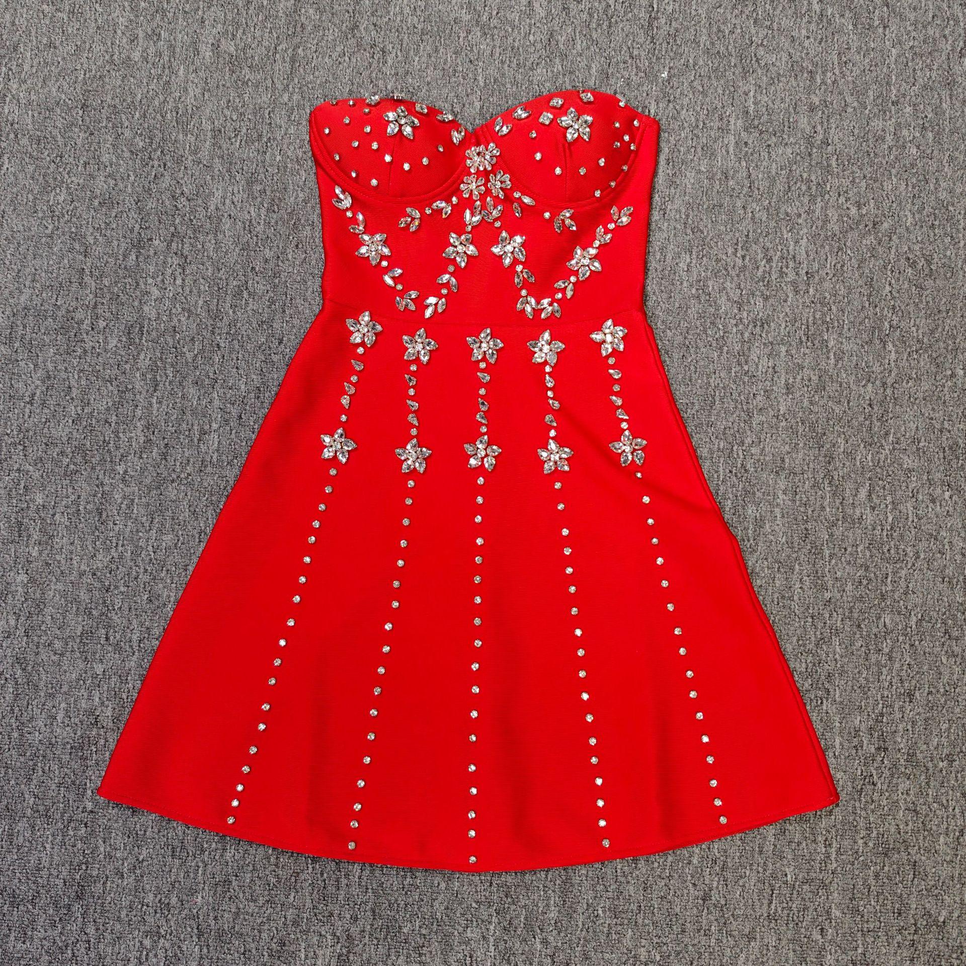 

Elegant European & American Style Strapless Rhinestone Bandage Evening Dress for Women Medium червоний