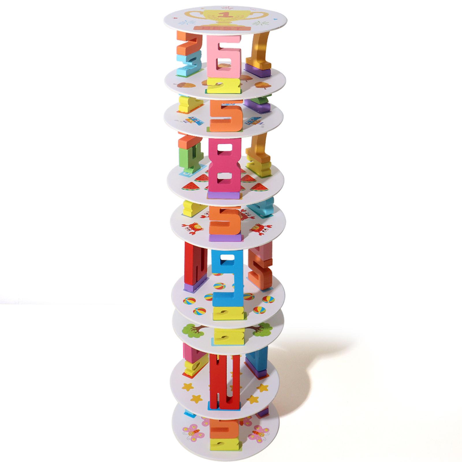 2 in 1 Montessori Wooden Stacking Tower Game & Animal Number Cards Educational Balance Building Blocks Toy for Kids