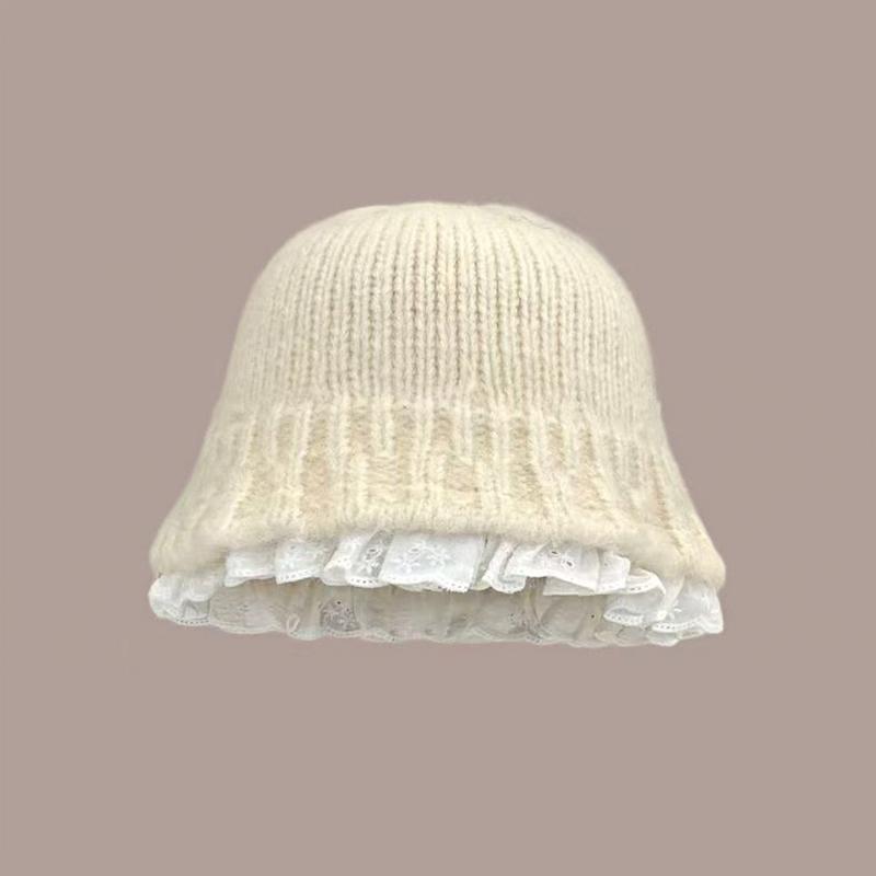 1PC Knitted Slimming Hat Oversized Fisherman Hat Fashionable Lace Elegant Trimmed Korean Bucket Warm 53-60cm