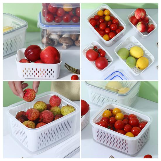 4-In-1 Fruit Vegetable Storage Container with Removable Filter Leak-Proof Airtight PP Storage Box for Washing Draining Stackable Food Organizer