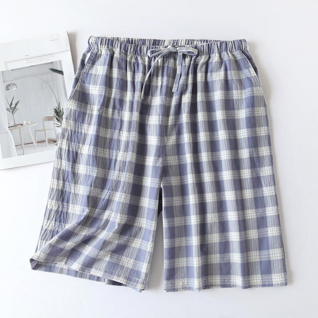 Leichte Herren-Karo-Lounge-Shorts mit elastischem Bund, Baumwoll-Schlafanzugunterteil, Lockere Passform