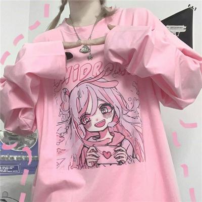 Y2K Anime Kawaii Oversized Casual Cute Tops Summer Fashion Punk O-Neck Short-Sleeves Unisex Streetwear T-shirt Women Wild Tops