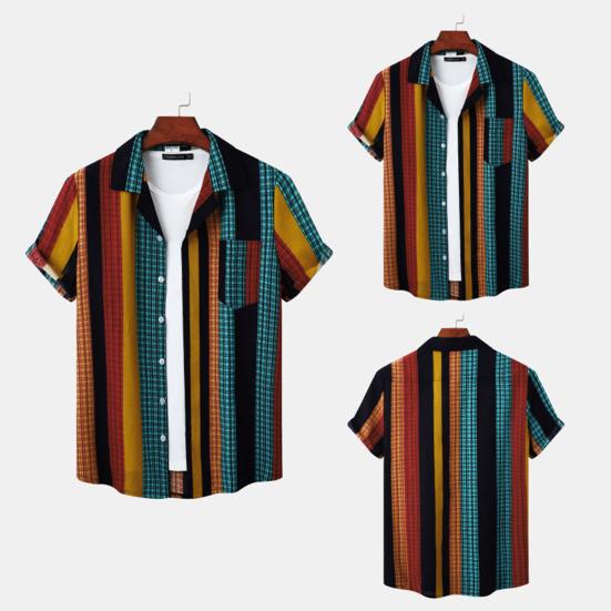 Men Shirt Contrast Color Vintage Striped Short Sleeves Single-breasted Daily Wear Cotton Pocket Men Summer Top Men Clothes