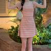 Plus Size French Striped Summer Dress with Waist-Cinching Slimming Design