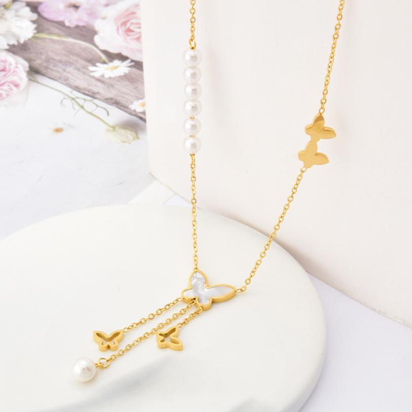316L Stainless Steel New Fashion Fine Jewelry Pearl Butterfly Shell 3 Tassel Charms Chain Choker Necklaces Pendants For Women