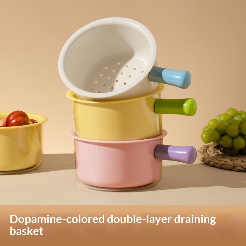 Double-Layer Kitchen Strainer Scoop Plastic Colander With Handl Fruit & Veggie Washing Bowl Drain Basket Home Kitchen Use