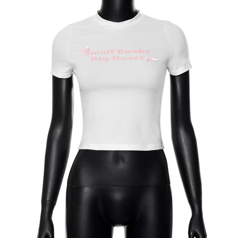 European and American Women's Clothing Autumn New Letter Printing Round Neck Short-sleeved Navel Top T-shirt Women