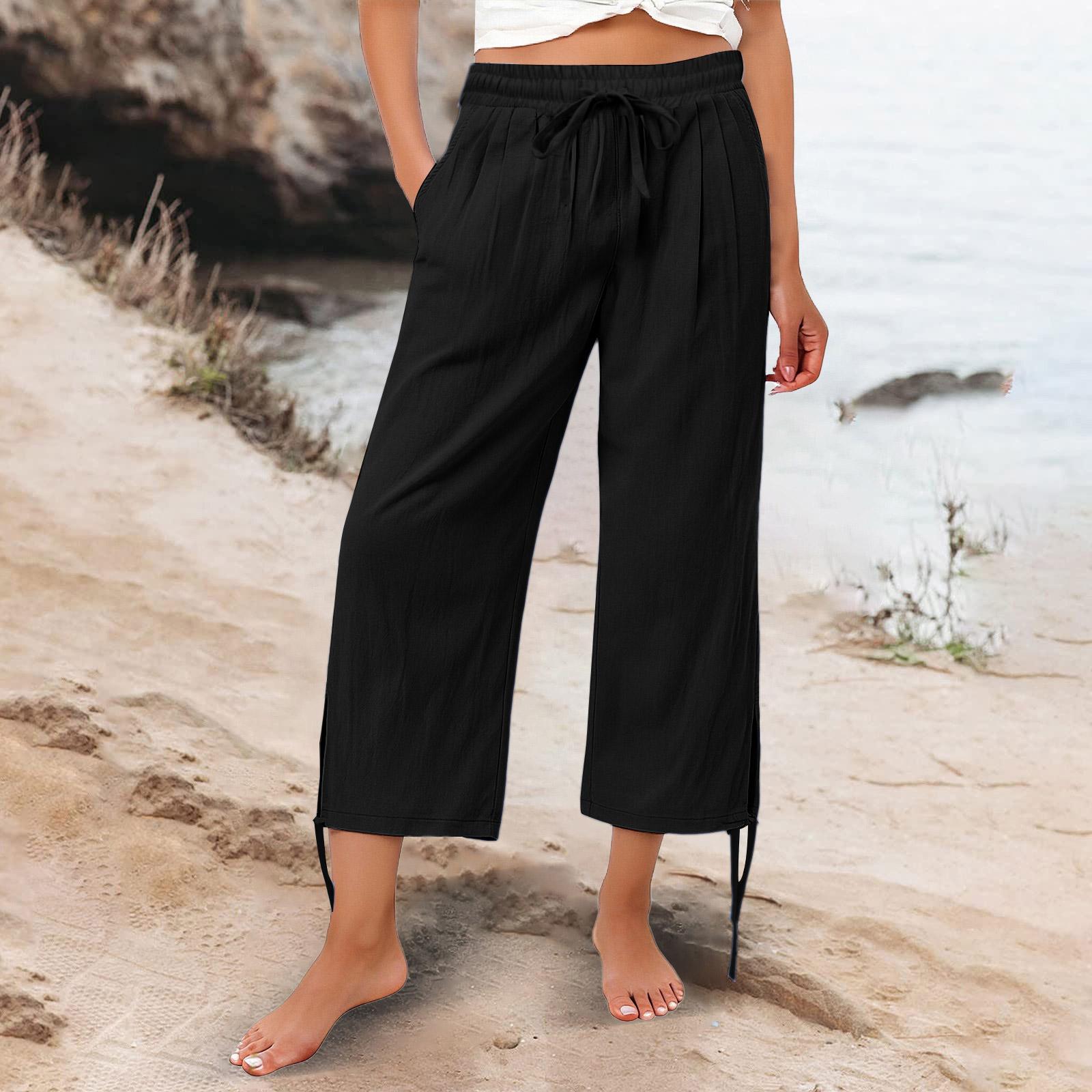 

Women High Waist Drawstring Loose Fit Cropped Wide Leg Pants Casual Lightweight Trousers with Side Slit Design for Everyday Wear L чорний