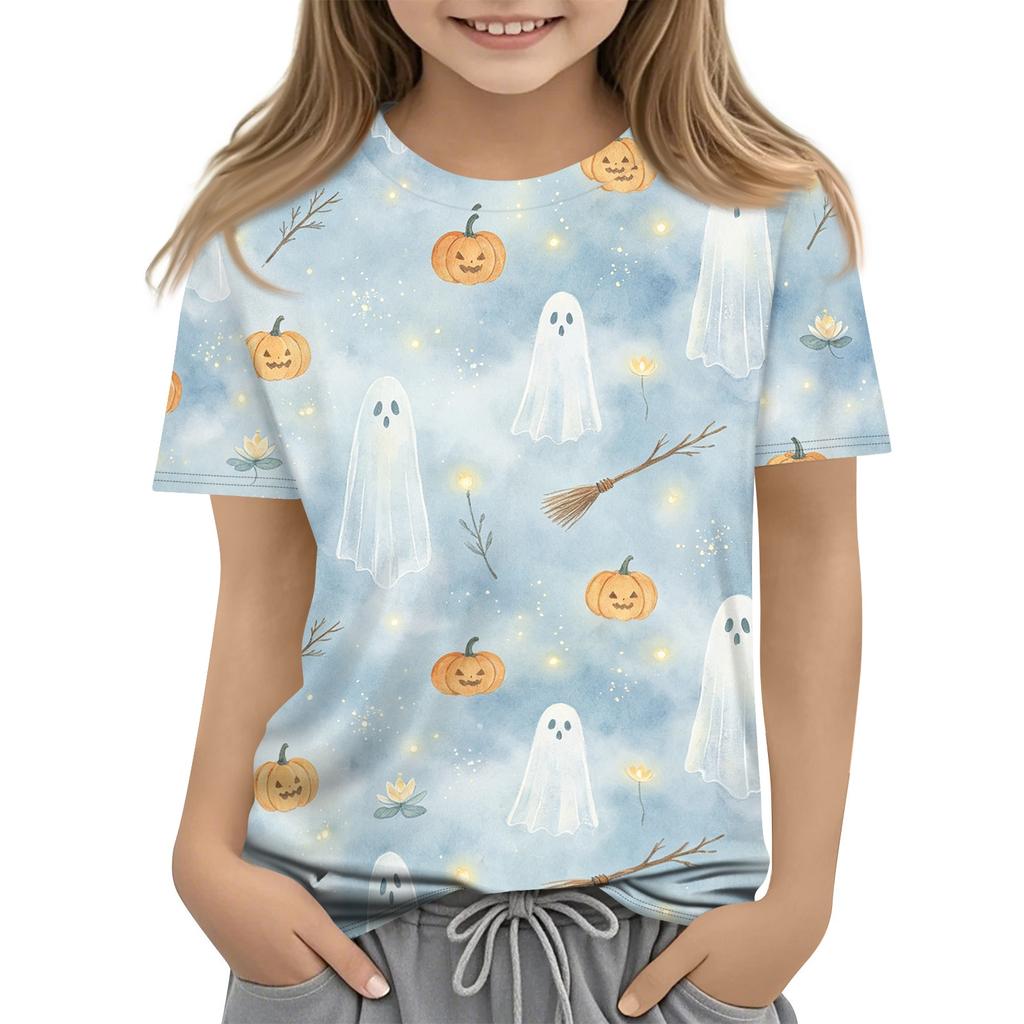 Kids Halloween Printed Short Sleeve T Shirt Casual Round Neck Tee Top Boys Girls Comfortable Fit Soft Fabric