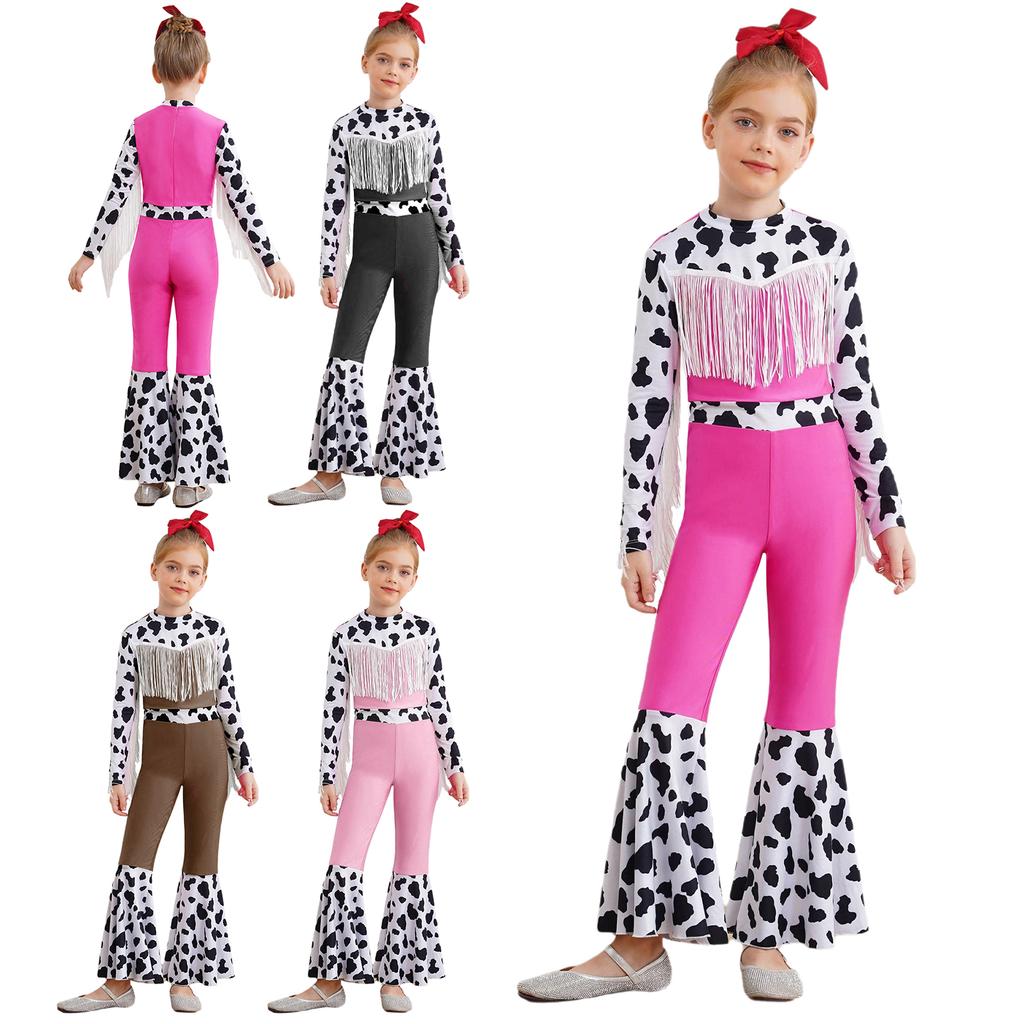 Kids Western Cowboy Costume Long Sleeve High Waist Bodysuit Fringe Cow Print Flared Jumpsuit Halloween Outfit