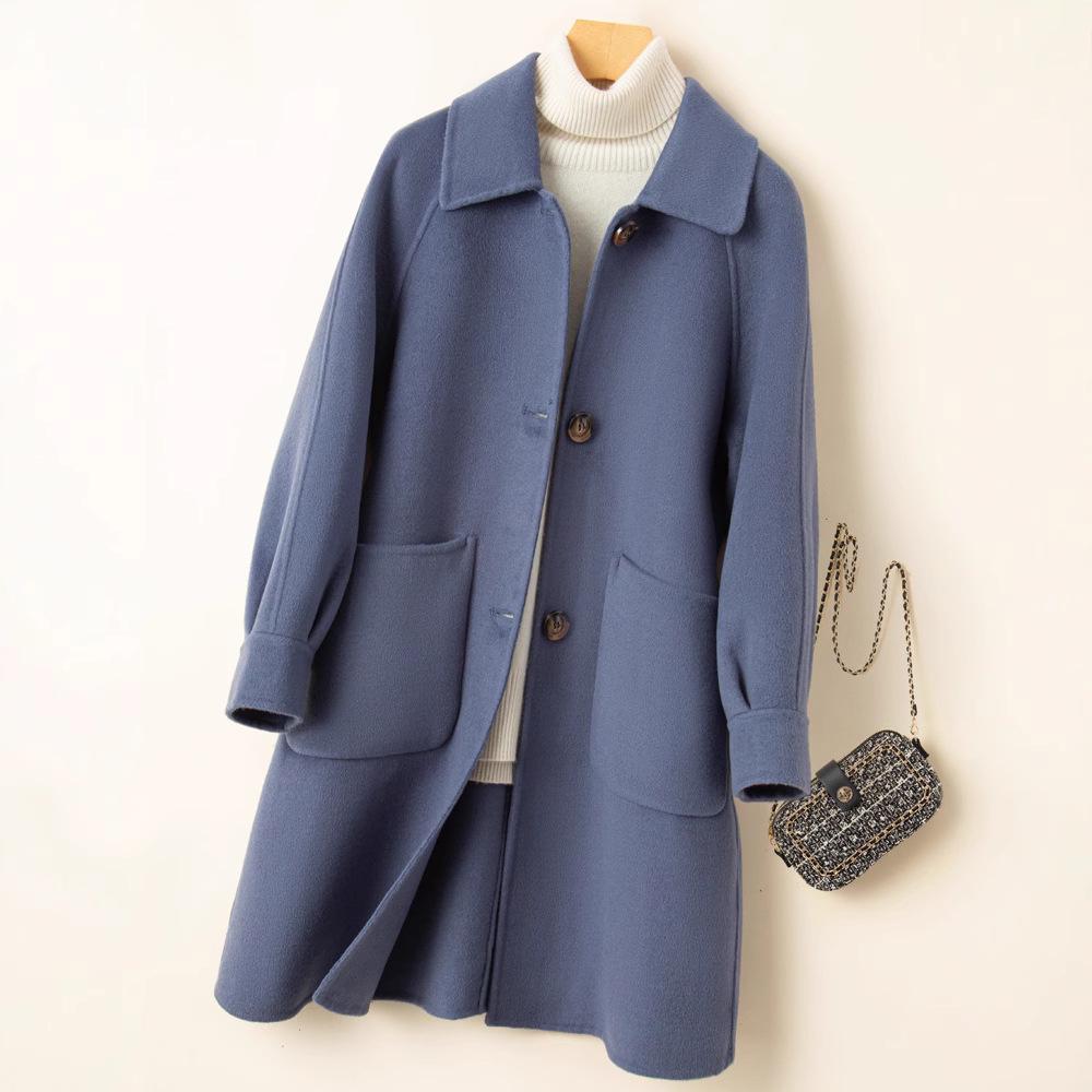 Dámský kašmírový kabát střední délky oboustranný na podzim/zimu - Petite, Čistě ručně šitý, Celovlněný, Zesílený design