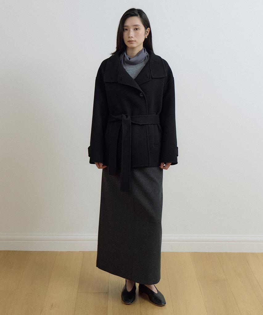 LINGSEOUL Handmade High Neck Half Coat-Black