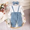 Kleinkind Mädchen 3-teiliges Outfit Set Geripptes Langarm-Oberteil mit Rüschenärmeln Blumenmuster Latzhose mit Schleife und Stirnband Herbst Winter