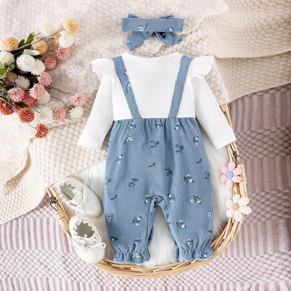 Kleinkind Mädchen 3-teiliges Outfit Set Geripptes Langarm-Oberteil mit Rüschenärmeln Blumenmuster Latzhose mit Schleife und Stirnband Herbst Winter
