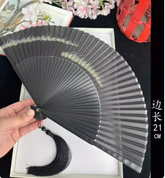 Chinese Bamboo Hand Fan Ventilador Portable Vintage Folding Black Silk Fan Classical Men Women Performance Prop Hand Fan