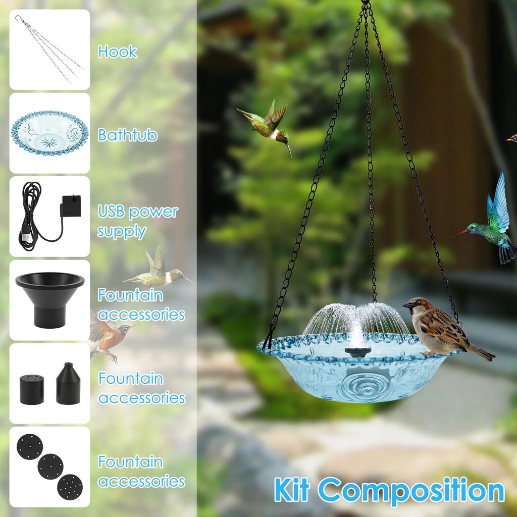 Hanging Bird Bath Fountain Hummingbird Feeder Water Fountain DIY Water Landscaping Fountain Garden Decoration for Outdoor Patio