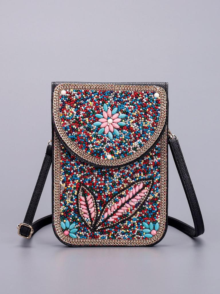 Butterfly & Flower Pattern Retro Ethnic Style 2026 New Handmade Beaded PU Crossbody Mini Phone Bag Women's Shoulder Purse
