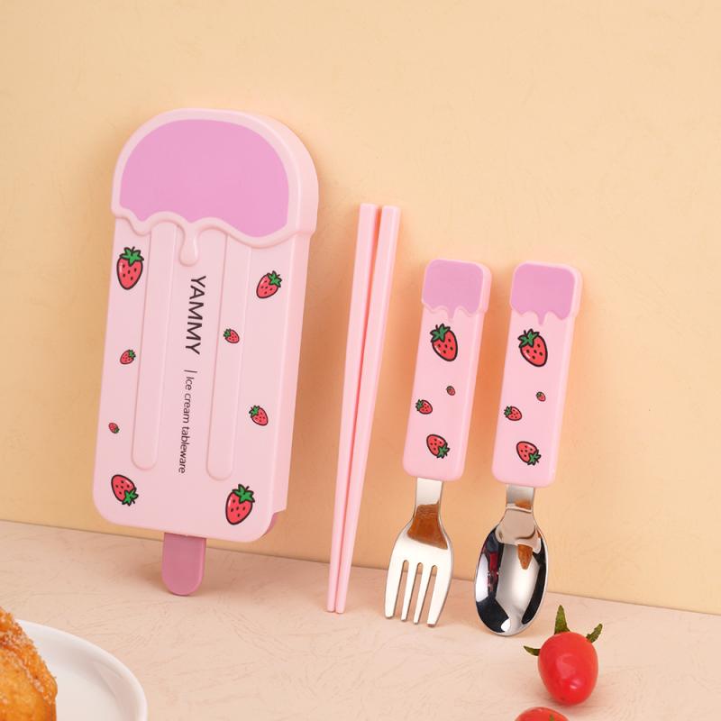 

3Pcs/Set Children S Stainless Steel Cute Ice Cream Tableware Spoon Fork Chopstick Set Portable Tableware розовый