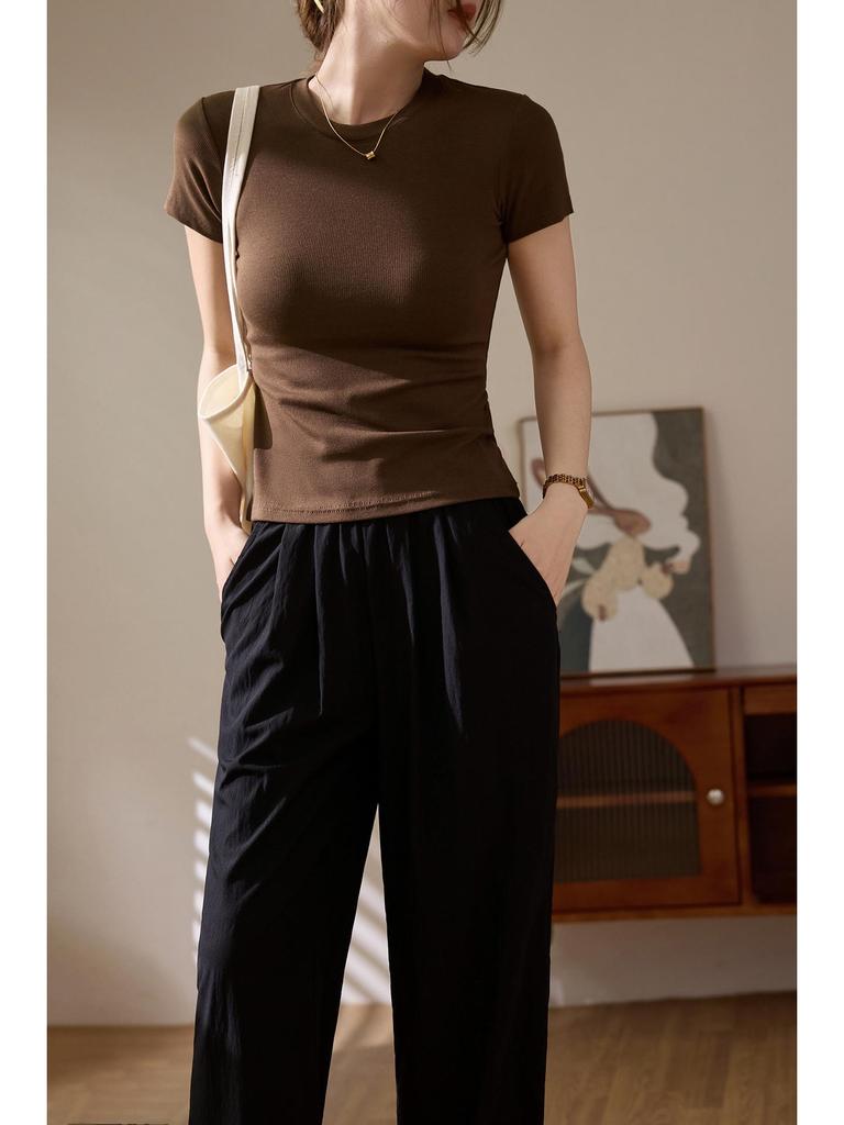 260g Women's Ribbed Cotton T-Shirt, Summer Short Sleeve, 2026 New Style, Solid Color, Plus Size, Versatile and Trendy.