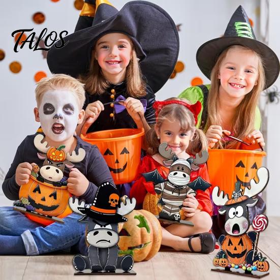 Cute Halloween Animal Decor 4 Pcs Highland Cow Table Decoration, Rustic Wooden Pumpkin Bat Bucket Zombie Signs, Farmhouse Tabletop Centerpiece