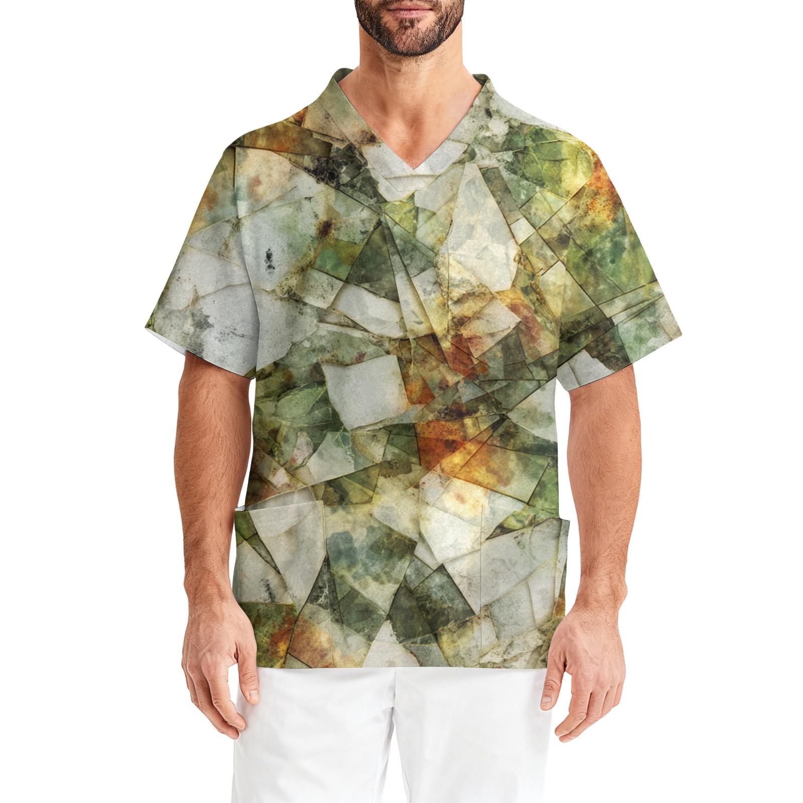 

Men s Printing Short Sleeve V-neck Working Blouse Chest Pocket Carer Top XXXXL зелений