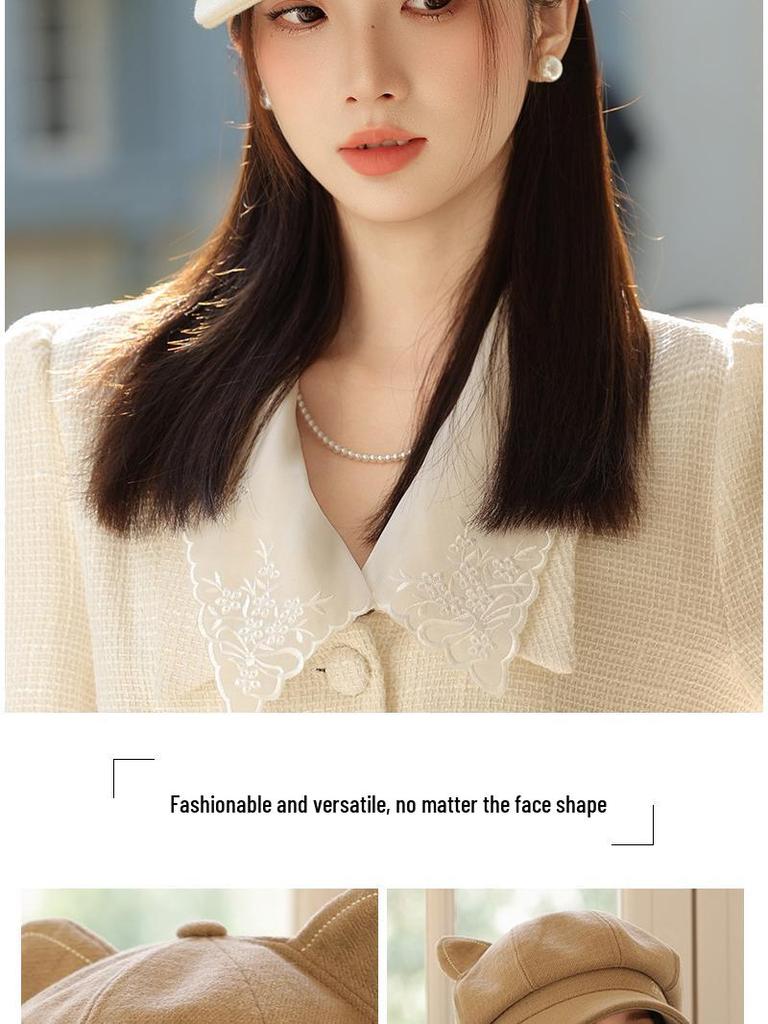 Retro Korean-Style Women's Beret: Octagonal Duckbill Hat with Cat Ears, Perfect for Autumn/Winter and Large Head Circumference